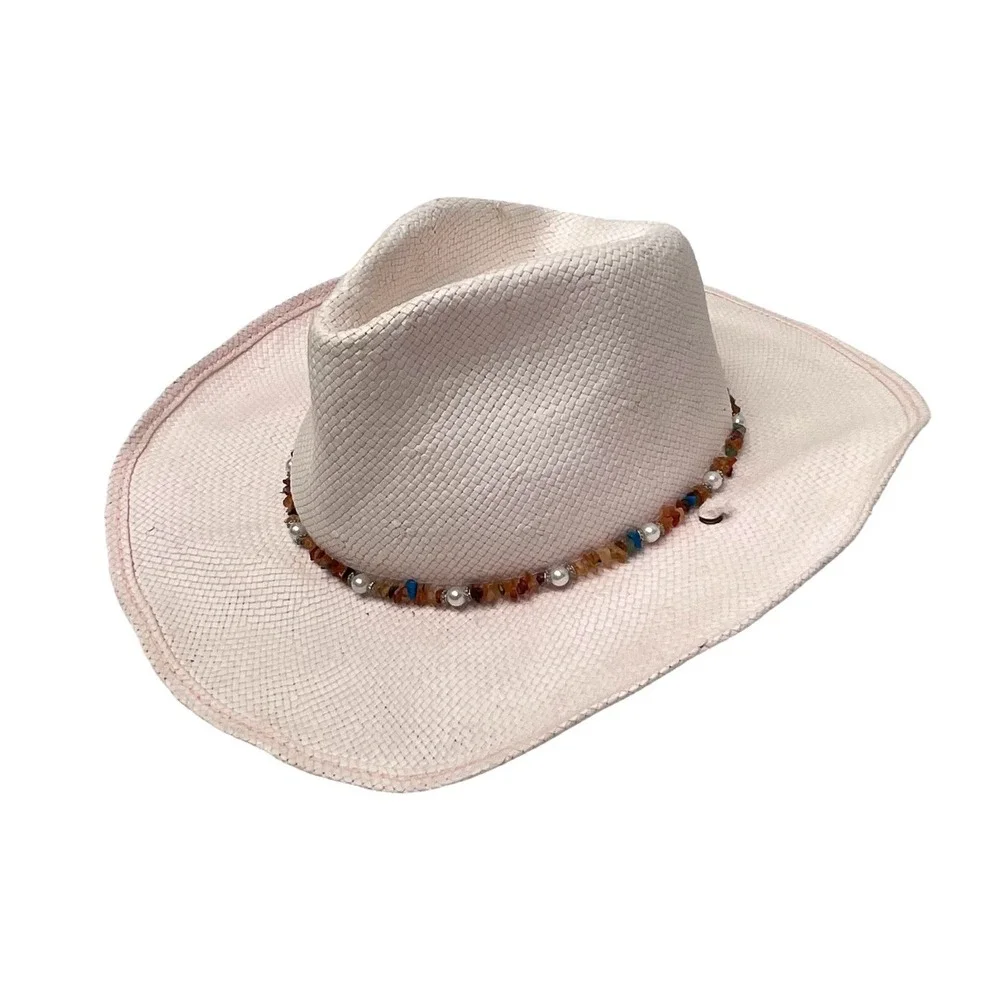Scala Women's Pink Cowgirl Western Straw Hat Pearls & Stones & Wire Brim Sz S/M